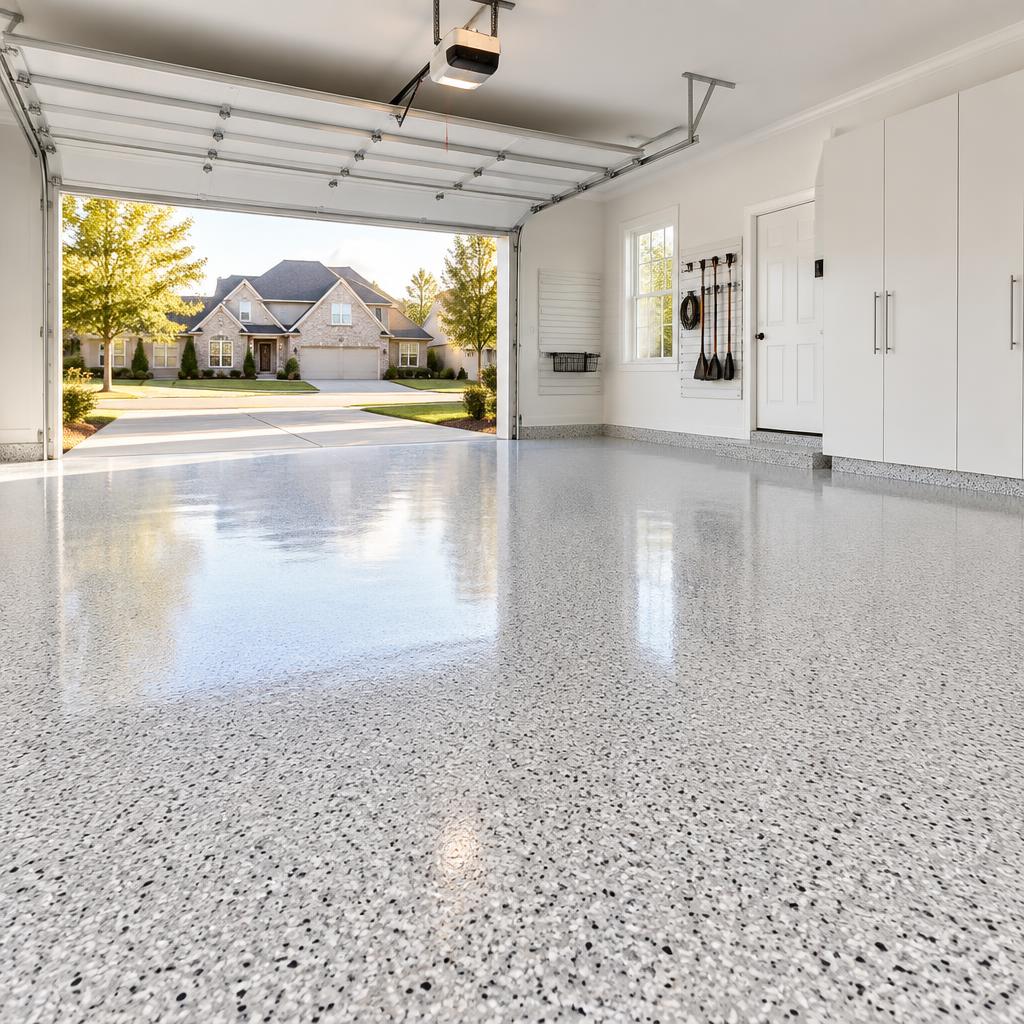 White quartz flake garage floor coating in St. Louis