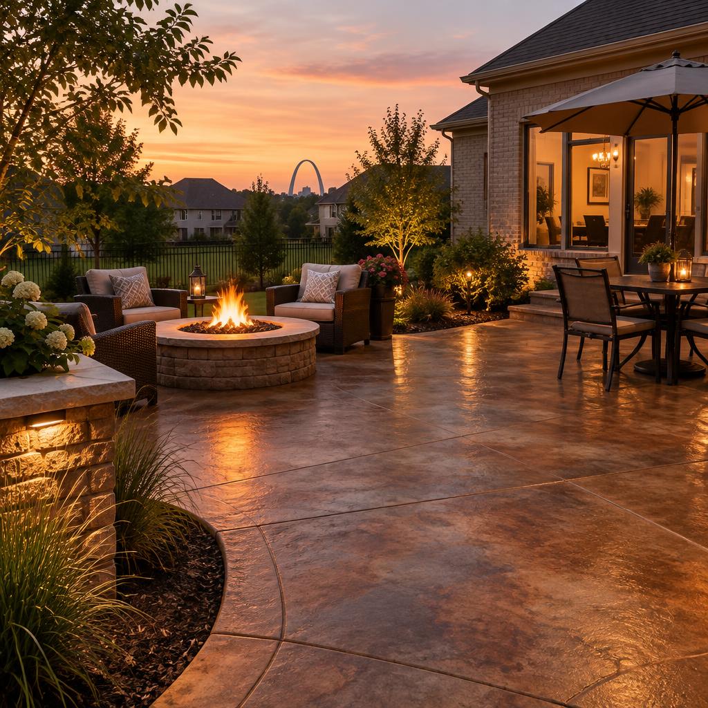 Decorative stained concrete patio at dusk